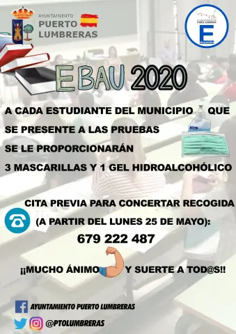 El Ayuntamiento de Puerto Lumbreras proporcionará mascarillas y gel hidroalcohólico a los estudiantes lumbrerenses que se presentan a EBAU