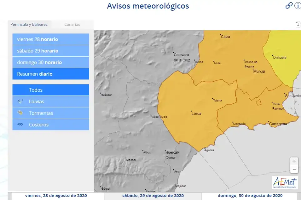 Aemet activa aviso naranja por tormenta y amarillo por precipitaciones en Lorca