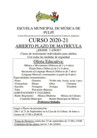 Disponible el nuevo curso de la Escuela Municipal de Música de Pulpí