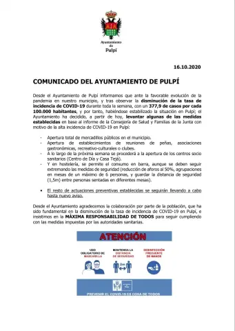 Ayuntamiento de Pulpí anuncia levantamiento de medidas de seguridad contra el Covid-19