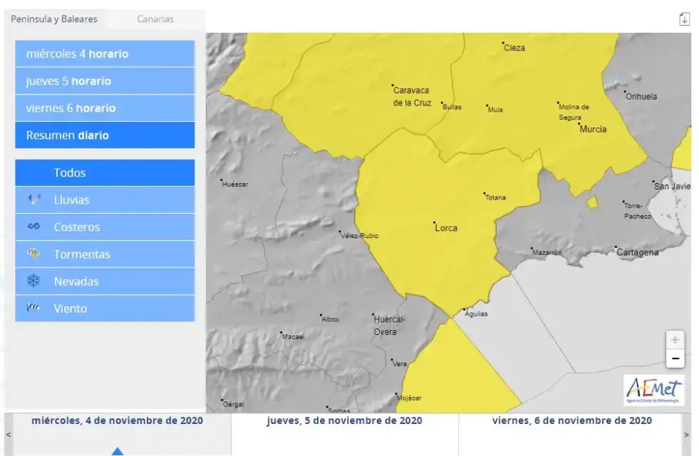 El Ayuntamiento informa de la activación del aviso amarillo por lluvias en el Valle del Guadalentín, Lorca y Águilas