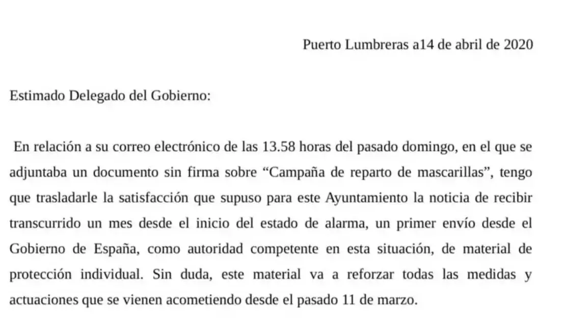 El Ayuntamiento de Puerto Lumbreras solicita 11.000 mascarillas a la Delegación del Gobierno para proteger a toda la población